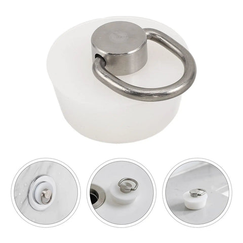 White Round Bathtub Drain Stopper Silicone Stainless Steel Seal with hanging ring for easy retrieval and storage.