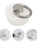 Stainless Steel Ring Drain Stopper White Silicone for Basins shown from above with a hanging ring for easy removal.