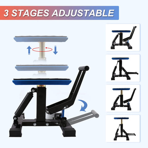 POLARBEAR dirt bike stand with blue padded top, black steel frame, three-stage adjustable center jack, 1200 lb capacity
