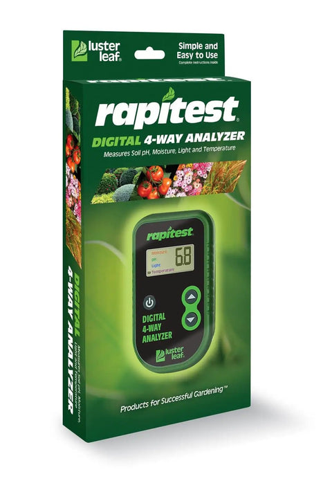 4 Way Digital Soil Analyzer For pH And Moisture Temperature And Light With Easy Readouts And Corded Probe Great For Home Gardeners On The Go Designed And Engineered In The USA in packaging
