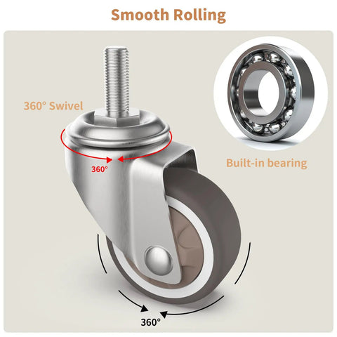 1.25 Inch Threaded Stem Casters with smooth swivel wheels and built-in bearing for furniture