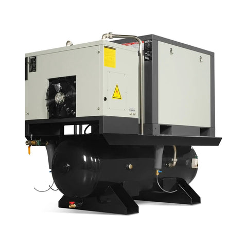 Side view of Beefy 10HP Rotary Screw Air Compressor With Built In Dryer And 66 Gallon ASME Tank Delivers 32 CFM At 116 PSI On 230V Three Phase