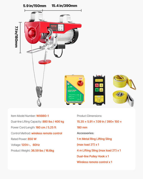 880lbs Electric Hoist With Wireless Remote Control, 110V Overhead Hoist, includes accessories and lifting components