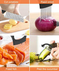 Black stainless steel crinkle cutter with handle and onion holder; collage: potato slices, onion, salmon, cucumber.