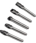 Five Piece Heavy Duty Carbide Rotary Burr File Set With One Quarter Inch Shank For Die Grinder Drill, showing five carbide burrs.