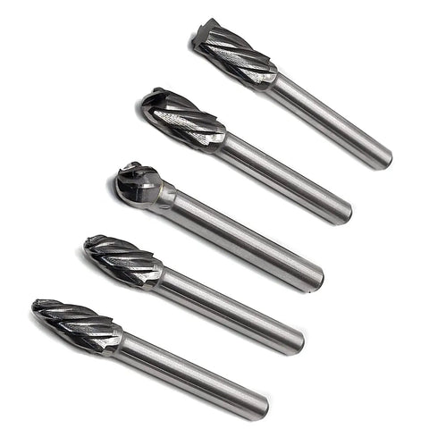 Five Piece Heavy Duty Carbide Rotary Burr File Set With One Quarter Inch Shank For Die Grinder Drill, showing five carbide burrs.
