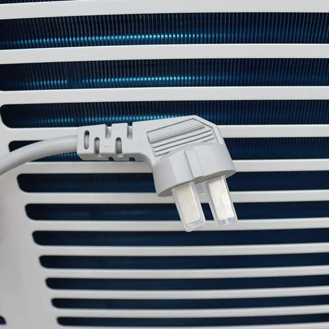Power plug connected to the Straight Up Heavy Duty Mobile Spot Cooler Powers Down Heat With 20400 Btu unit.