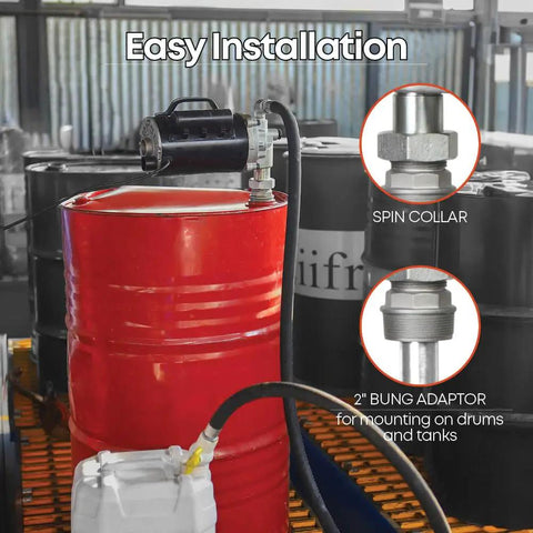 No-Hassle 115V Electric Drum Pump 8 Gpm Blazing Fast Oil Transfer Workhorse For 55 Gallon Barrels shown with 2 inch bung adaptor and spin collar installed.