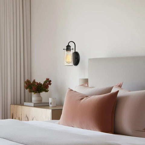 Bedroom with Rayne 9.5 Inch Modern Farmhouse Wall Sconce Black Gooseneck Light With Tapered Seeded Glass Shade Matte Black Finish