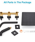 All parts of Three Handle Tub Shower Faucet Set With Rainfall Shower Head, Matte Black Square Wall Mount Trim Kit displayed.