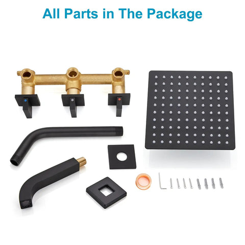 All parts of Three Handle Tub Shower Faucet Set With Rainfall Shower Head, Matte Black Square Wall Mount Trim Kit displayed.