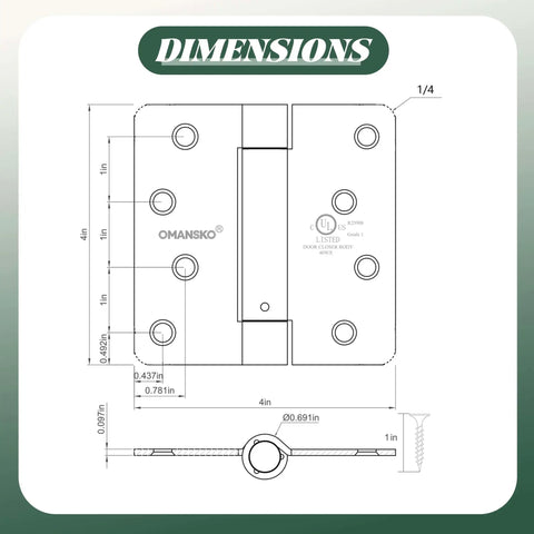 Technical diagram of Two Pack Self Closing Door Hinges With Oil Rubbed Bronze Finish showing dimensions and screw placement.
