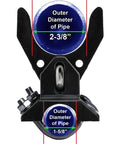 Pool Gate Latch for Chain Link Fences Kid Safe Push Style Lock for One And Five Eighths Inch Gate Frames And Two And Three Eighths Inch Posts Durable One Latch Easy Install Weatherproof Outdoor Gate Hardware showing pipe diameter measurements.