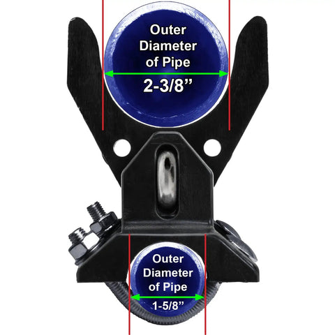 Pool Gate Latch for Chain Link Fences Kid Safe Push Style Lock for One And Five Eighths Inch Gate Frames And Two And Three Eighths Inch Posts Durable One Latch Easy Install Weatherproof Outdoor Gate Hardware showing pipe diameter measurements.