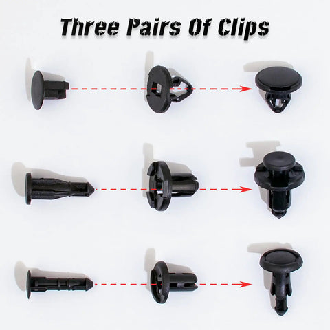 Tesla 70 Pcs Clips Fasteners Rivet Clips Kit showing three pairs of durable plastic push retainer clips for body replacement