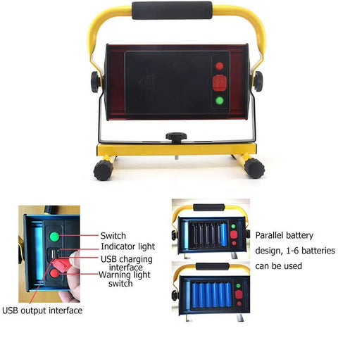 Spot Lighting Led Floodlight Rechargeable 70W Portable Work Light with USB output and control panel, yellow handle and base.