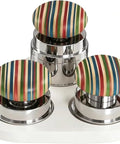 Dead Simple Setup 58mm Espresso Tamper Kit Includes Four Piece Coffee Accessory Set with colorful striped handles on polished bases.