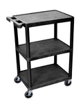 Multipurpose Storage Utility Cart With Three Shelves Structural Foam Plastic Black Finish 24W X 18D X 34H 12 Inch Shelf Clearance 4 In Casters With Locking Brakes 400 Lb Capacity Lifetime Warranty