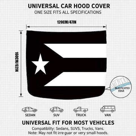 Puerto Rico Black And White Flag Car Hood Cover 4 By 5.25 Feet Ultra Stretchy Polyester Spandex Universal Fit For Cars Trucks SUVs Durable Vibrant Patriotic Auto Accessory