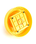 Bottom view of Rotary Bur Holder Tool With 116 Holes, 360 Degree Rotating Base for Drill Bits Organization, yellow plastic material.