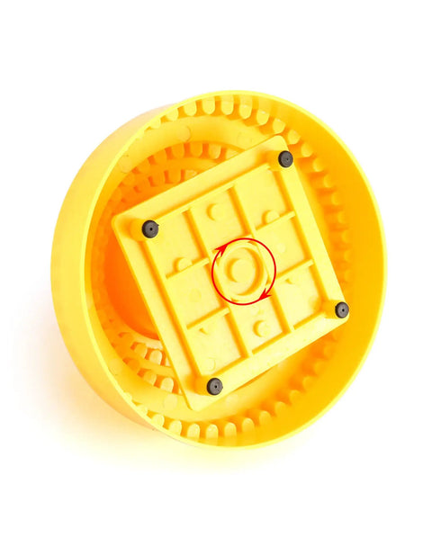 Bottom view of Rotary Bur Holder Tool With 116 Holes, 360 Degree Rotating Base for Drill Bits Organization, yellow plastic material.