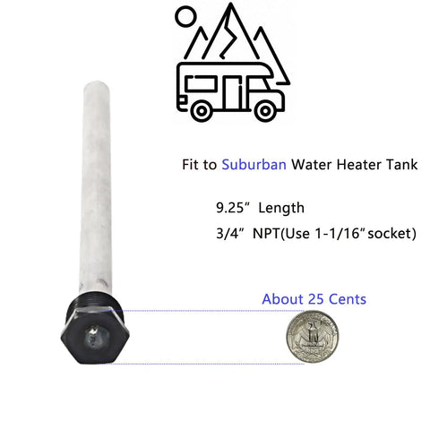 Two Pack Magnesium RV Water Heater Anode Rods for Suburban RV Heaters, 9.25 Inch Length shown next to a coin for scale