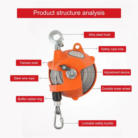 Adjustable Retractable Balance Scale With 1.5 Meter Wire Rope, 1-60kg Load Capacity, showing alloy steel hook and safety buckle