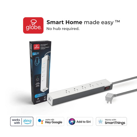 Wi Fi Smart Surge Protector Power Strip Featuring Four Independently Controlled Grounded Outlets Quick Charge Usb Ports Plugging In Is A Breeze Compatible With Alexa And Google Home Fully Adjustable Gray next to its packaging.