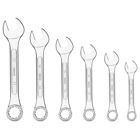 Set of six chrome wrenches from the 208 Piece General Household Hand Tool Kit With Plastic Storage Case Auto And Home Repair Ready DIY.
