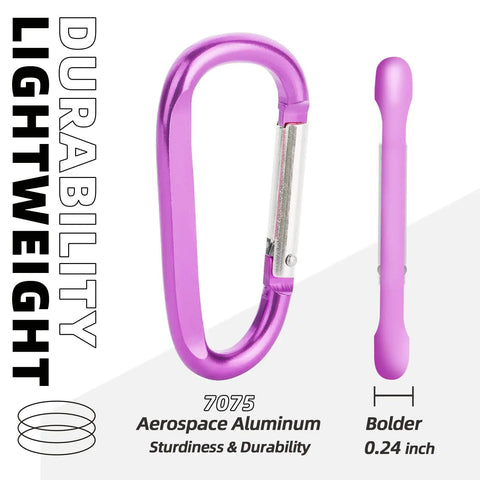 Pink Carabiner Key Clip With Spring Loaded Gate Aluminum 7075 D Ring Hook Buckle Heavy Duty Keychain Clip side and front view