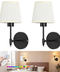 Wireless Wall Sconces Set of Two,Battery Operated Wall Sconce with Pleated Shades,Rechargeable Wall Light with Remote,15 Colors Dimmable Wall Sconce,Black Wall Lamps for Living Room,Bedroom,Hallway, showcasing two sconces with pleated shades.