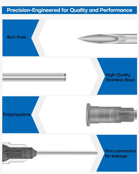 Close-up of 100 Pack 22G 1 Inch Disposable Luer Lock Needles With Individual Packaging for precision and industrial use