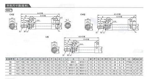 ZZAYGESY aluminum alloy pneumatic cylinder front and side views with dimension table