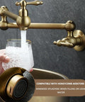 ZBSAVFM Foldable Wall Mount Kitchen Faucet Brass Construction 720° Rotating Extendable Design Easy Installation Over Stove Perfect for Sink Use pouring water into a glass.