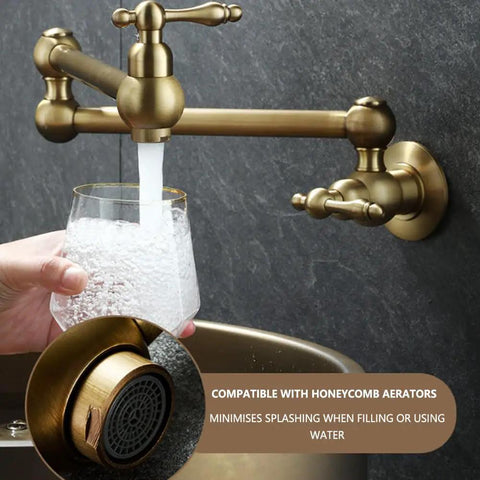 ZBSAVFM Foldable Wall Mount Kitchen Faucet Brass Construction 720° Rotating Extendable Design Easy Installation Over Stove Perfect for Sink Use pouring water into a glass.