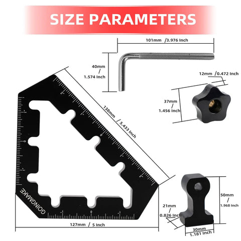 Hella Heavy Duty 45 And 90 Degree Corner Clamps For Woodworking Tools aluminum positioning squares with size parameters.