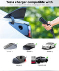 Portable Tesla Ev Charger Level 1 And Level 2 Etl Certified Dual Voltage Cable With 25 Foot Cord connected to a Tesla charging port.