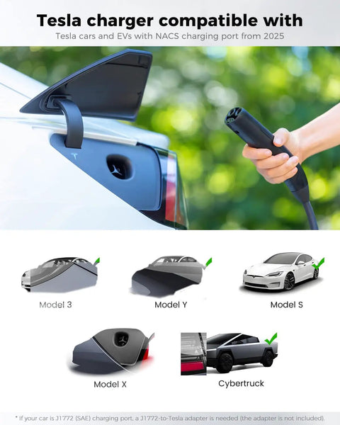 Portable Tesla Ev Charger Level 1 And Level 2 Etl Certified Dual Voltage Cable With 25 Foot Cord connected to a Tesla charging port.