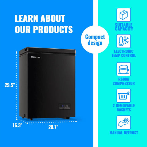 Freestanding Black Mini Chest Freezer With Precision Electronic Thermostat And Two Removable Baskets, compact design 29.5 x 16.3 x 20.7 inches.