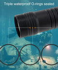 DF01 Scuba Diving Light 1500 Lumen Underwater Torch 9 Degree Narrow Beam IP68 Waterproof 150 Meter Depth SST40 LED 6500K showing O-rings
