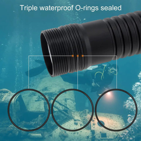 DF01 Scuba Diving Light 1500 Lumen Underwater Torch 9 Degree Narrow Beam IP68 Waterproof 150 Meter Depth SST40 LED 6500K showing O-rings