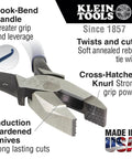Close-up of ironworker's diagonal cutting pliers with features labeled, part of 3 Piece Pliers Kit With Ironworker's Diagonal Cutting Pliers And Heavy Duty Side Cutters In Flame Resistant No 4 Canvas Tool Bag Belt Tunnel Loop NFPA 701 Compliant Made In USA, showcasing grip and cut capabilities.