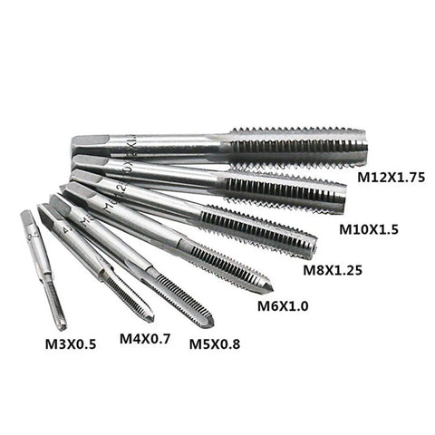 Eight Piece Metric Thread Taps Set With Adjustable Tap Wrench For Hand Tapping M3 Through M12 High Speed Steel Taps.