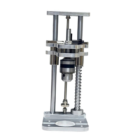 Vertical Drill Guide Attachment For Drill Press Stand, Heavy Duty Steel Construction, shown upright with precision alignment features.