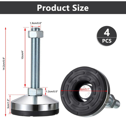 Four Pack Heavy Duty Adjustable Leveling Feet With Anti Vibration Pads For Workbenches And Industrial Machinery M Sixteen Threaded With Three Point One Inch Base Handling Seven Thousand Five Hundred Pound Static Load, showing dimensions.