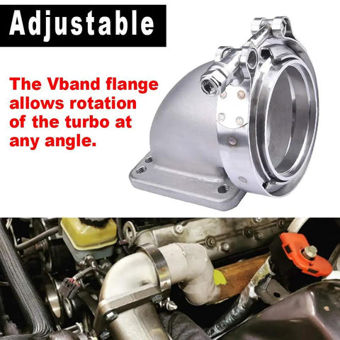 3 Inch Turbo Elbow Downpipe Adapter With V Band Clamps In 304 Stainless Steel For T3 And T4 Flange Turbochargers Easy Install High Flow Exhaust Upgrade For Your Ride shown in engine view.