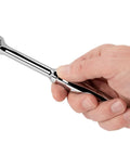 Hand holding Go To Three Eighths Inch Drive Quick Release Ratchet With Eight Inch Length And Ninety Tooth Gear For A Tight Four Degree Swing Arc Ultra Compact Head Design For Confined Spaces And Smooth Rugged Operation.