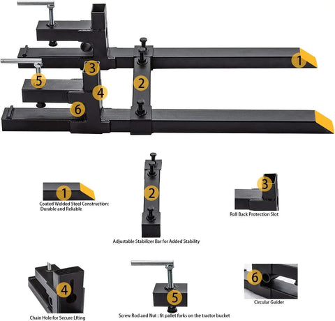 43 Inch Clamp On Pallet Forks For Tractor Bucket Attachments Heavy Duty 2000 Lbs Capacity With Adjustable Stabilizer Bar Fits Skid Steer And Loader Buckets Easy Clamp On Installation For Quick Mount On Most Tractor Buckets shown with detailed features including steel construction, stabilizer, protection slot, and chain hole.