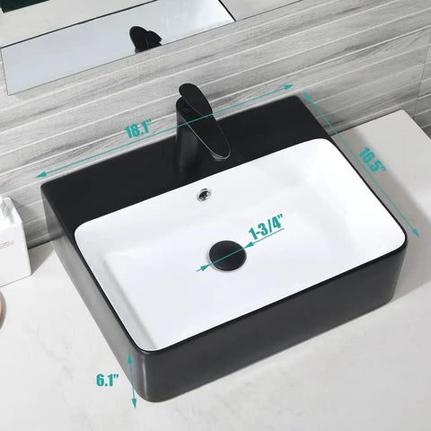 Matte Black Vessel Sink And Faucet Combo For Modern Bathrooms 18x16 Inch Rectangular Above Counter Porcelain Ceramic Vanity Sink With Dual Faucets Pop Up Drain And Water Lines