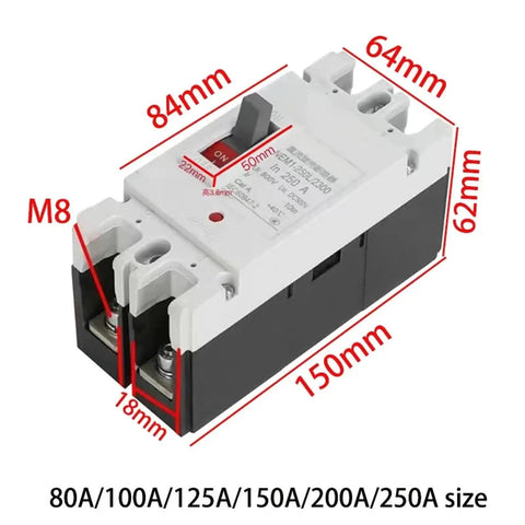 Pro Grade Rock Solid DC Circuit Breaker One Or Two Pole High Amp Solar Cell Protector RV Battery Isolator 12V To 120V MCCB side view with dimensions.
